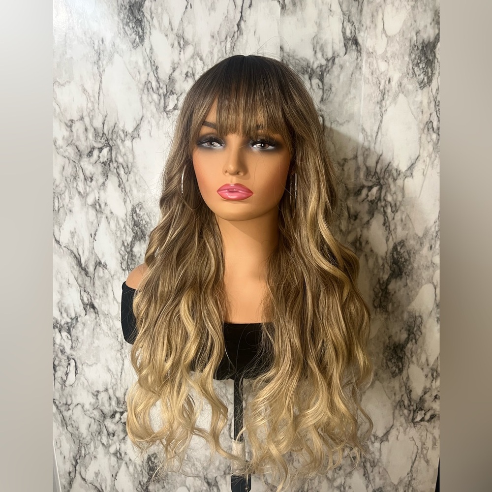 24 Inch Ombre Brown Rooted & Blonde highlights Wavy Hair with bangs  Lon… - Picture 6 of 11